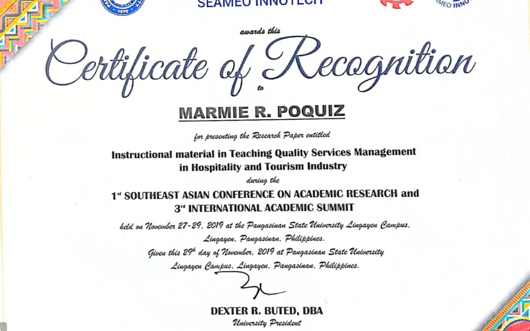 Hospitality Management Chairperson & Core University Educator humbly presents her three (3) prolific researches